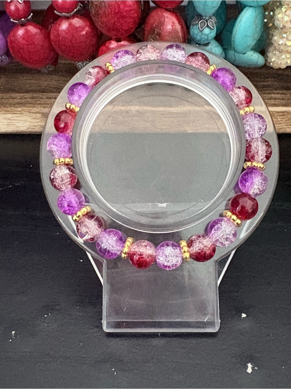 Handcrafted red and purple crystal bead with gold spacer beaded bracelet